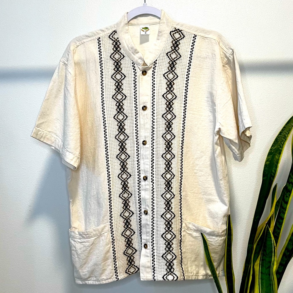 Authentic Mens Cuban Mexican Guayabera Khaki with Brown Stripes Shirt Size Small